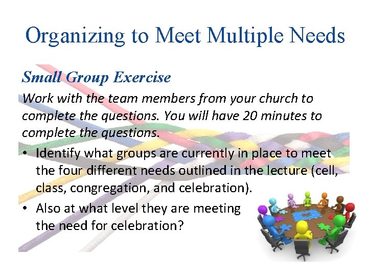 Organizing to Meet Multiple Needs Small Group Exercise Work with the team members from