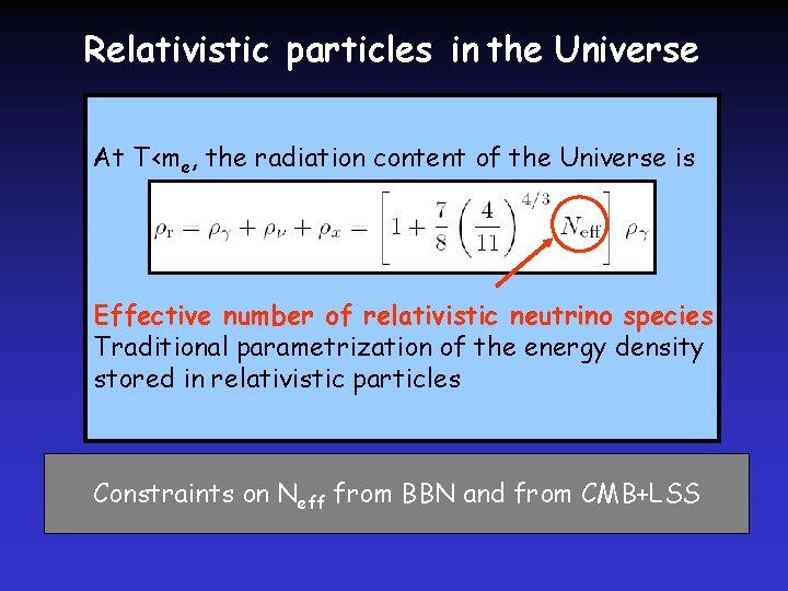 Relativistic particles in the Universe At T<me, the radiation content of the Universe is