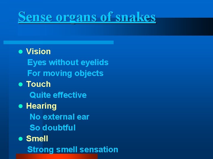 Sense organs of snakes Vision Eyes without eyelids For moving objects l Touch Quite Sense organs of snakes Vision Eyes without eyelids For moving objects l Touch Quite