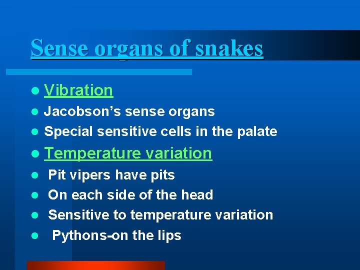 Sense organs of snakes l Vibration Jacobson’s sense organs l Special sensitive cells in Sense organs of snakes l Vibration Jacobson’s sense organs l Special sensitive cells in