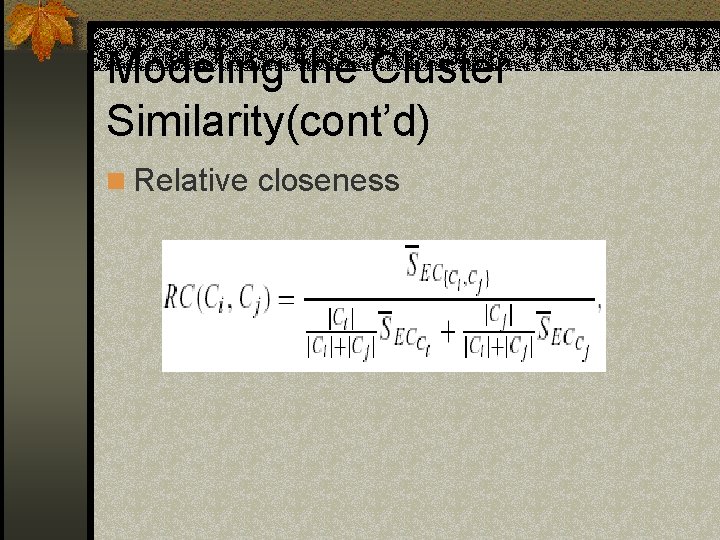 Modeling the Cluster Similarity(cont’d) n Relative closeness 