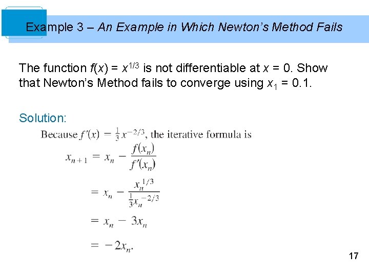 Example 3 – An Example in Which Newton’s Method Fails The function f(x) =