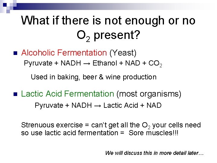 What if there is not enough or no O 2 present? n Alcoholic Fermentation What if there is not enough or no O 2 present? n Alcoholic Fermentation