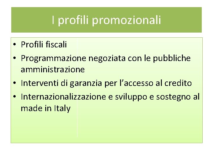 I profili promozionali • Profili fiscali • Programmazione negoziata con le pubbliche amministrazione • I profili promozionali • Profili fiscali • Programmazione negoziata con le pubbliche amministrazione •