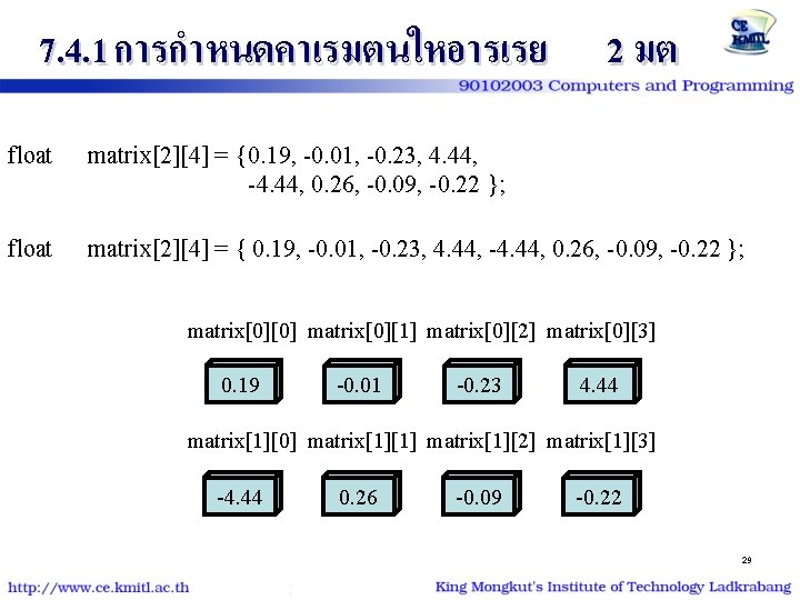 7. 4. 1 การกำหนดคาเรมตนใหอารเรย 2 มต float matrix[2][4] = {0. 19, -0. 01, -0.