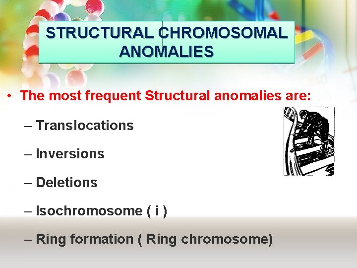 STRUCTURAL CHROMOSOMAL ANOMALIES • The most frequent Structural anomalies are: – Translocations – Inversions
