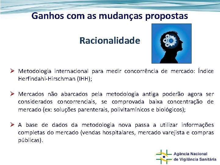 Ganhos com as mudanças propostas Racionalidade Ø Metodologia internacional para medir concorrência de mercado: