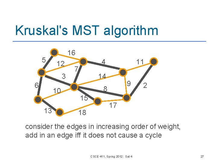 Kruskal's MST algorithm 5 16 12 3 6 10 13 4 7 11 14