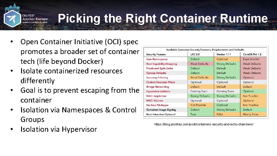 Picking the Right Container Runtime • Open Container Initiative (OCI) spec promotes a broader