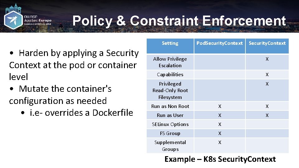 Policy & Constraint Enforcement Setting • Harden by applying a Security Context at the