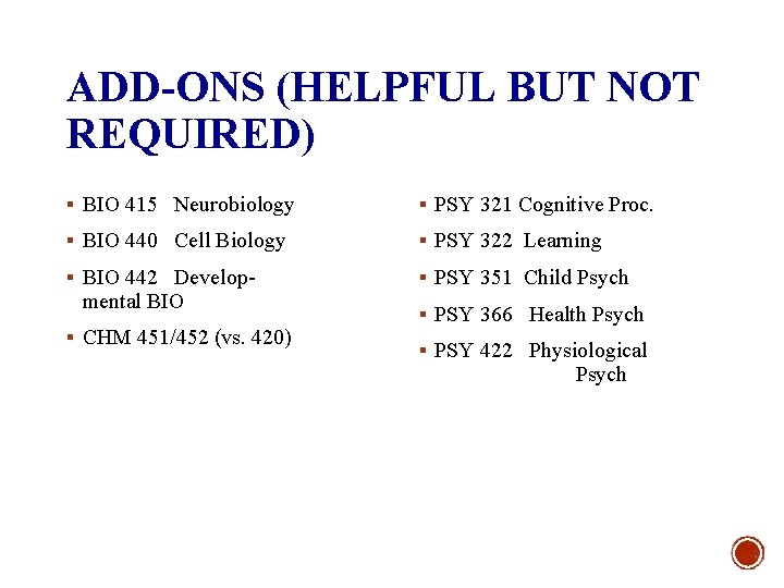 ADD-ONS (HELPFUL BUT NOT REQUIRED) § BIO 415 Neurobiology § PSY 321 Cognitive Proc.
