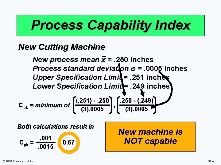 Process Capability Index New Cutting Machine New process mean x =. 250 inches Process