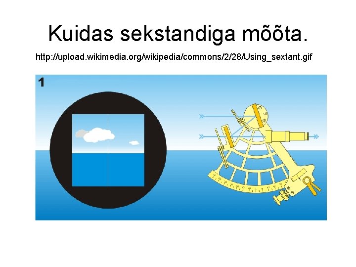 Kuidas sekstandiga mõõta. http: //upload. wikimedia. org/wikipedia/commons/2/28/Using_sextant. gif 