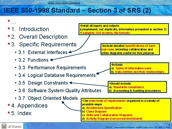 Requirements Specifications IEEE 830 -1998 Standard IEEE 830 and ISO/IEC 12207 ISO/IEC/IEEE 29148: 2011