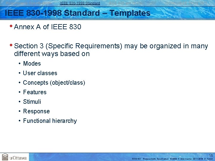 Requirements Specifications IEEE 830 -1998 Standard IEEE 830 and ISO/IEC 12207 ISO/IEC/IEEE 29148: 2011