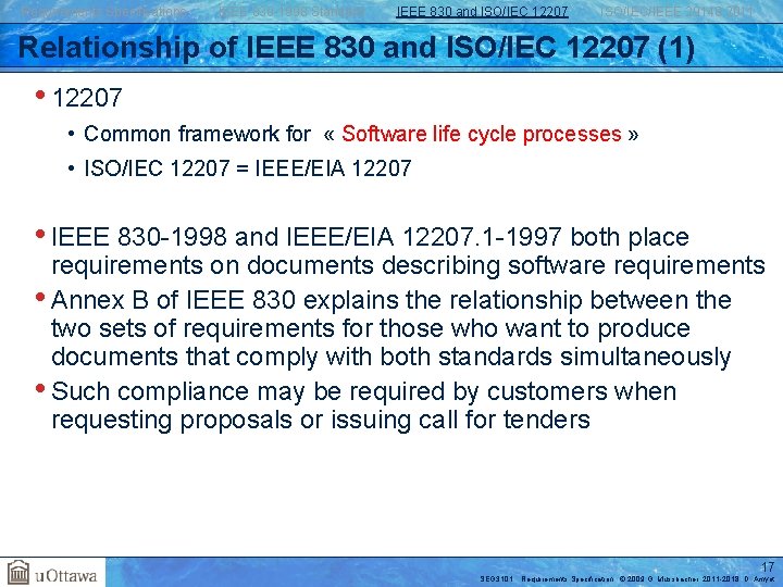 Requirements Specifications IEEE 830 -1998 Standard IEEE 830 and ISO/IEC 12207 ISO/IEC/IEEE 29148: 2011