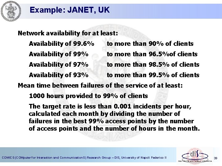 Example: JANET, UK Network availability for at least: Availability of 99. 6% to more