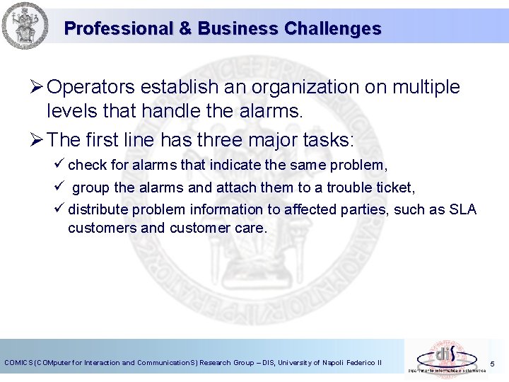 Professional & Business Challenges Ø Operators establish an organization on multiple levels that handle