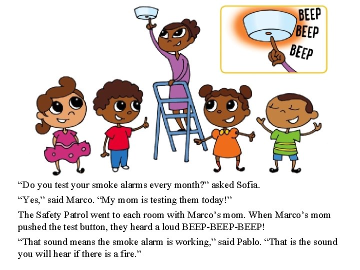 “Do you test your smoke alarms every month? ” asked Sofia. “Yes, ” said