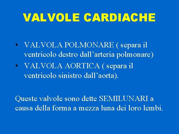 VALVOLE CARDIACHE • VALVOLA POLMONARE ( separa il ventricolo destro dall’arteria polmonare) • VALVOLA