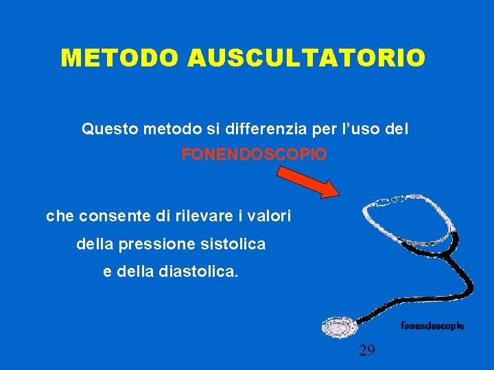 METODO AUSCULTATORIO Questo metodo si differenzia per l’uso del FONENDOSCOPIO che consente di rilevare