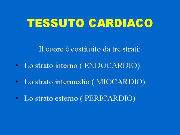 TESSUTO CARDIACO Il cuore è costituito da tre strati: • Lo strato interno (