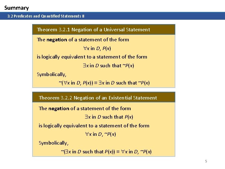 Summary 3. 2 Predicates and Quantified Statements II Theorem 3. 2. 1 Negation of