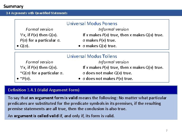 Summary 3. 4 Arguments with Quantified Statements Formal version x, if P(x) then Q(x).