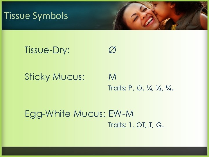 Tissue Symbols Tissue-Dry: Ø Sticky Mucus: M Traits: P, O, ¼, ½, ¾. Egg-White