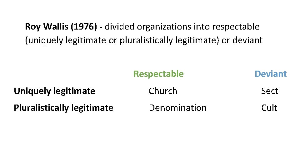 Roy Wallis (1976) - divided organizations into respectable (uniquely legitimate or pluralistically legitimate) or