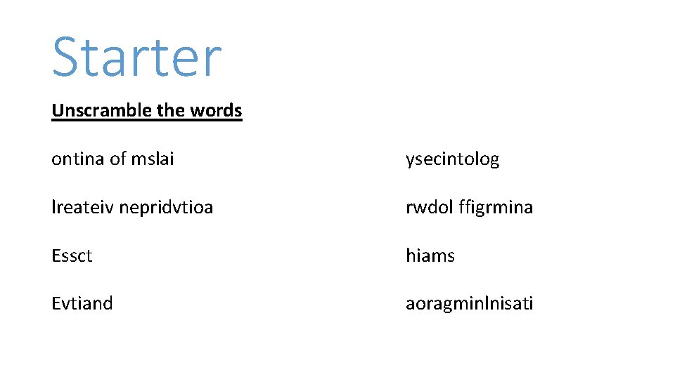 Starter Unscramble the words ontina of mslai ysecintolog lreateiv nepridvtioa rwdol ffigrmina Essct hiams