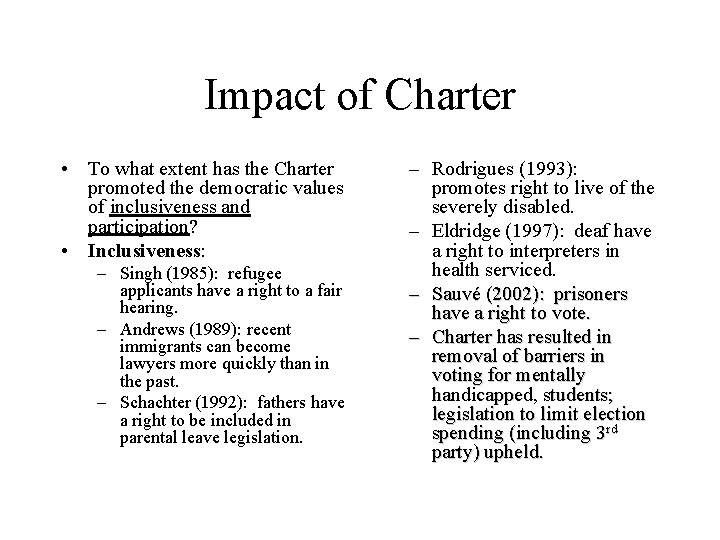 Impact of Charter • To what extent has the Charter promoted the democratic values Impact of Charter • To what extent has the Charter promoted the democratic values