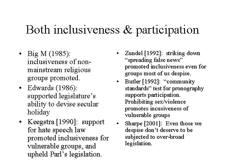 Both inclusiveness & participation • Zundel [1992]: striking down • Big M (1985): “spreading