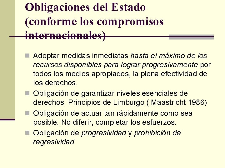 Obligaciones del Estado (conforme los compromisos internacionales) n Adoptar medidas inmediatas hasta el máximo