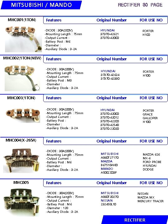 MITSUBISHI / MANDO MHC 001(1 TON) Features -DIODE : 30 A(200 V) -Mounting Length