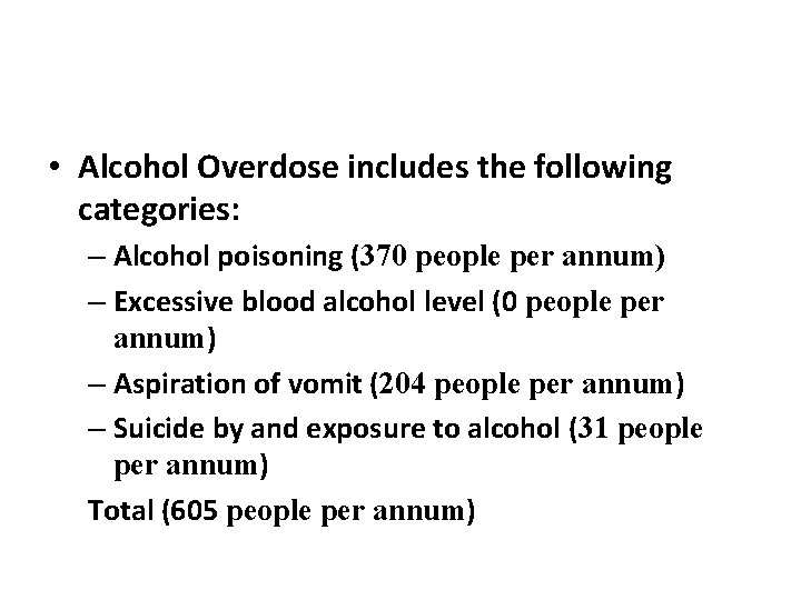  • Alcohol Overdose includes the following categories: – Alcohol poisoning (370 people per