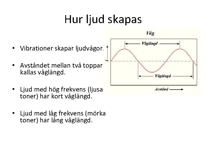 Hur ljud skapas • Vibrationer skapar ljudvågor. • Avståndet mellan två toppar kallas våglängd.