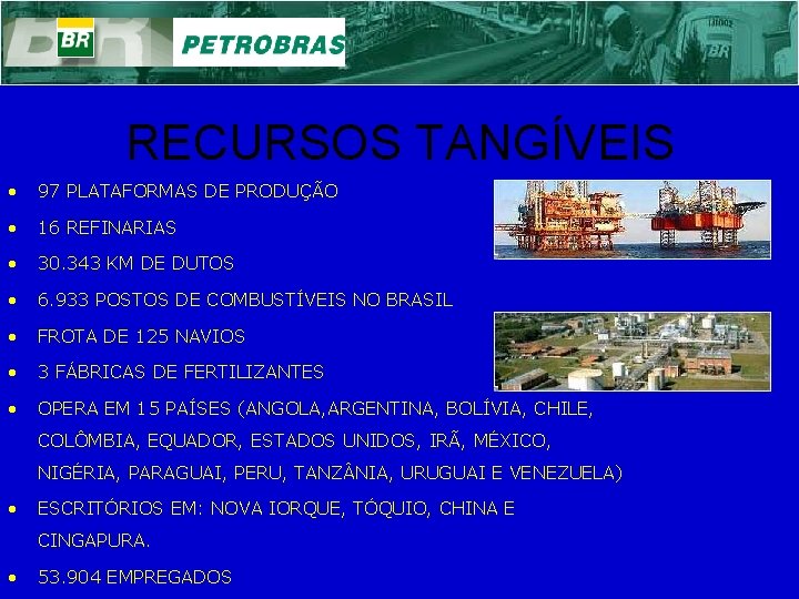 RECURSOS TANGÍVEIS • 97 PLATAFORMAS DE PRODUÇÃO • 16 REFINARIAS • 30. 343 KM