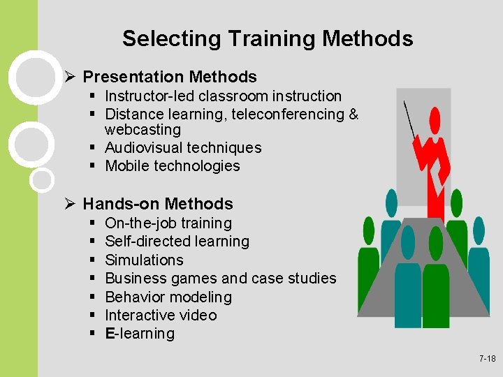 Selecting Training Methods Ø Presentation Methods § Instructor-led classroom instruction § Distance learning, teleconferencing Selecting Training Methods Ø Presentation Methods § Instructor-led classroom instruction § Distance learning, teleconferencing