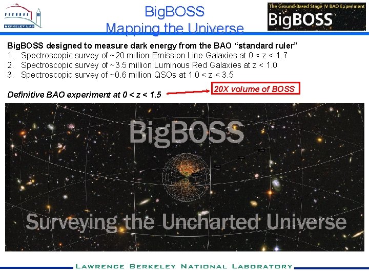 Big. BOSS Mapping the Universe Big. BOSS designed to measure dark energy from the
