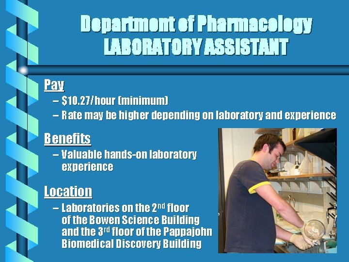 Department of Pharmacology LABORATORY ASSISTANT Pay – $10. 27/hour (minimum) – Rate may be
