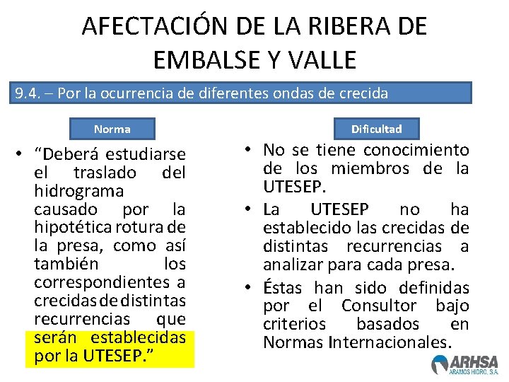 AFECTACIÓN DE LA RIBERA DE EMBALSE Y VALLE 9. 4. – Por la ocurrencia