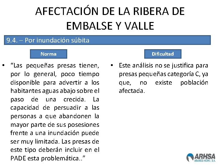 AFECTACIÓN DE LA RIBERA DE EMBALSE Y VALLE 9. 4. – Por inundación súbita