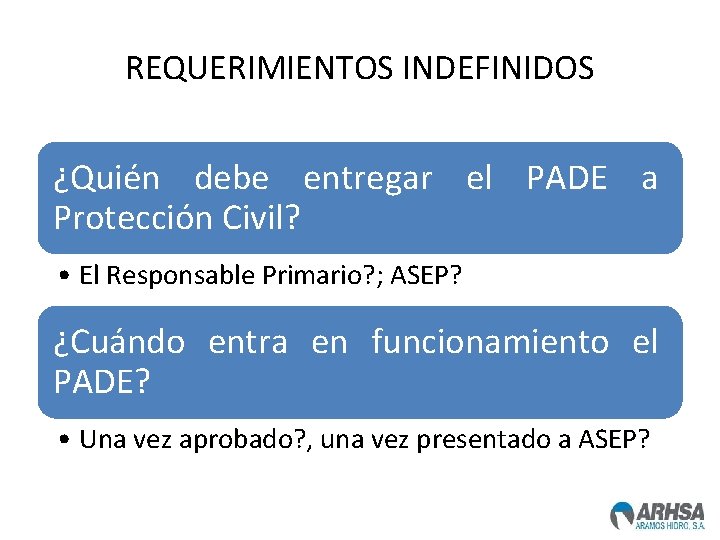 REQUERIMIENTOS INDEFINIDOS ¿Quién debe entregar el PADE a Protección Civil? • El Responsable Primario?