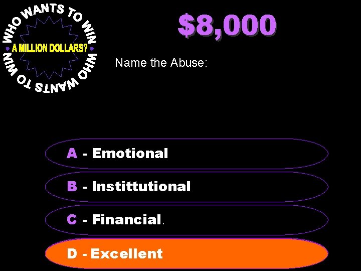 $8, 000 Name the Abuse: A - Emotional B - Instittutional C - Financial.
