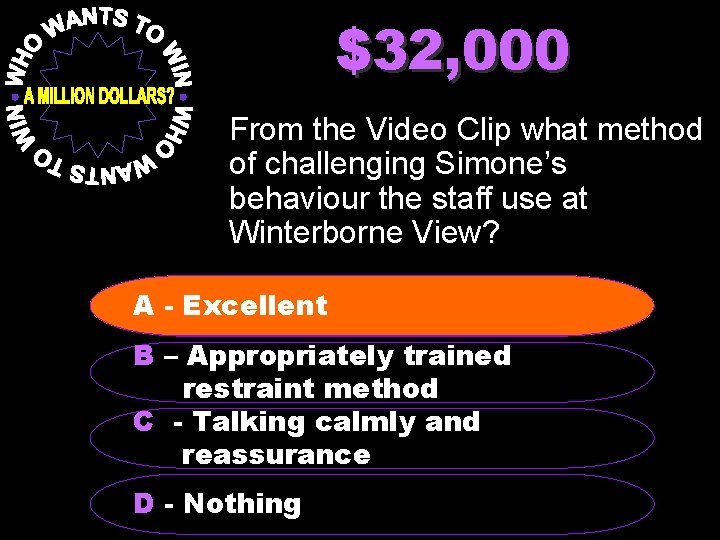 $32, 000 From the Video Clip what method of challenging Simone’s behaviour the staff