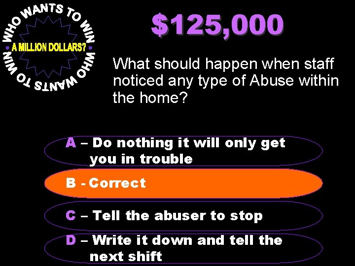 $125, 000 What should happen when staff noticed any type of Abuse within the