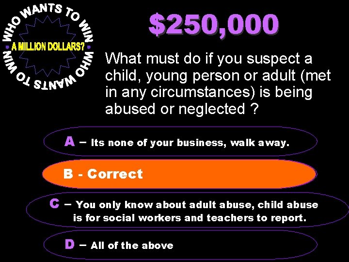 $250, 000 What must do if you suspect a child, young person or adult