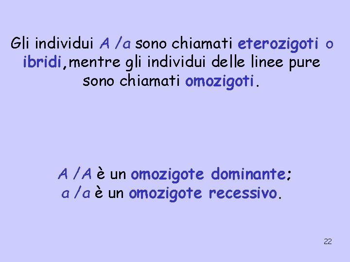 Gli individui A /a sono chiamati eterozigoti o ibridi, mentre gli individui delle linee