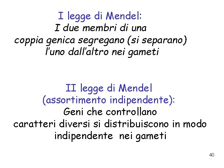 I legge di Mendel: I due membri di una coppia genica segregano (si separano)